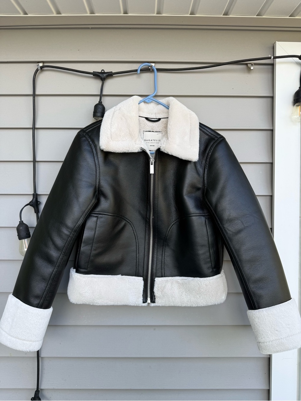 Black Faux Leather Jacket with Cream Sherpa Trim